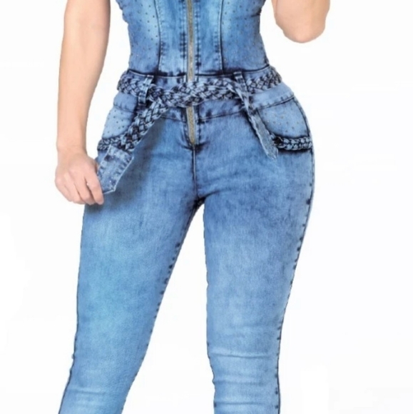 Booty Lift Colombian Denim Jumpsuit - Blue - Picture 3 of 6